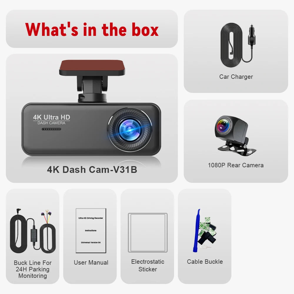 4K UHD WiFi Dash Cam for Car DVR Camera Front and Rear Dual Video