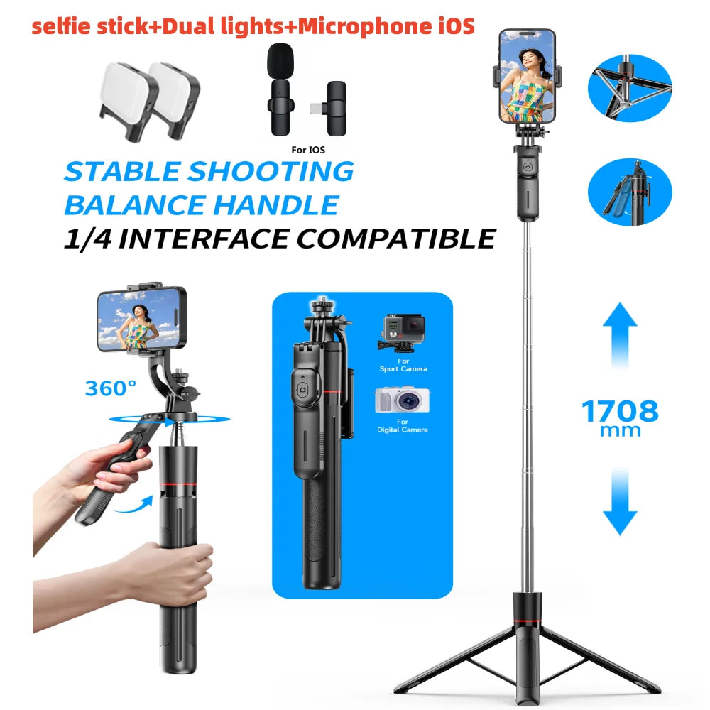 Selfie Stick Tripod with 1708mm Long Monopod Fill Light