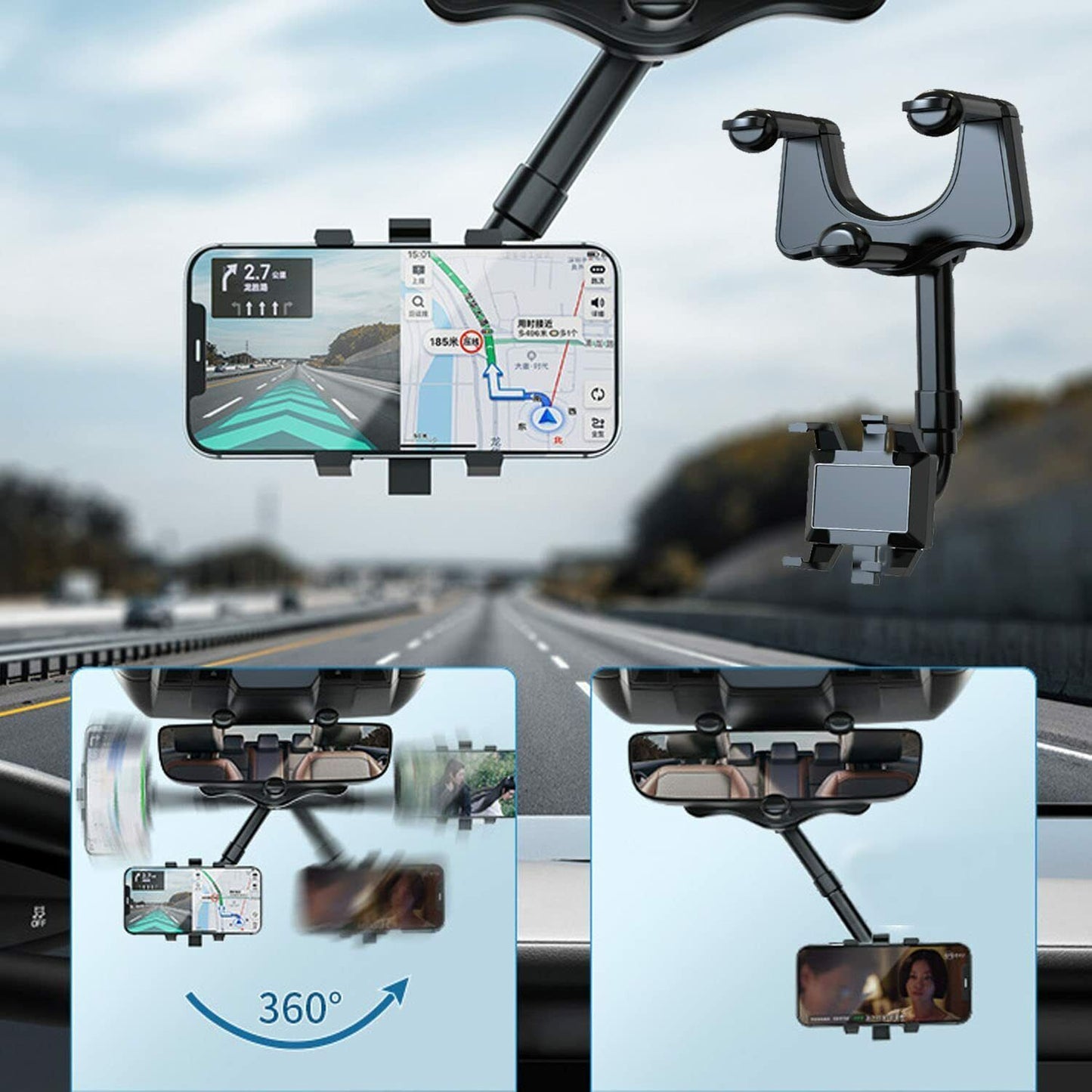 Rotatable And Retractable Car Phone Holder Rearview Mirror