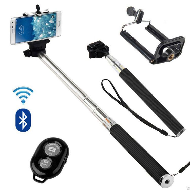 Stainless Steel 7 Section Telescopic Tube Black Selfie Stick Bluetooth