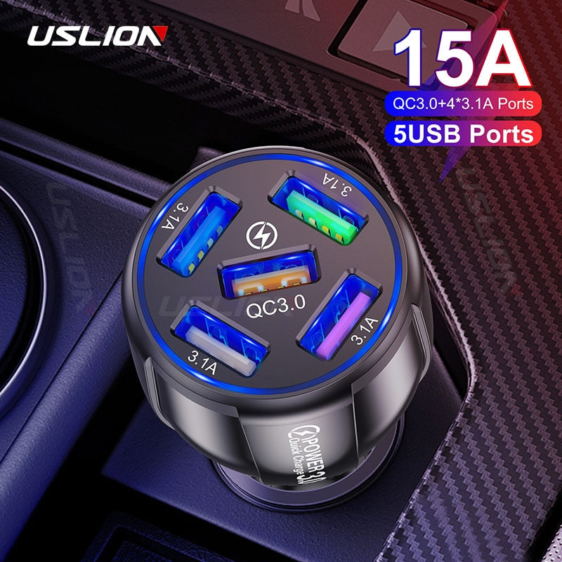 15A 5 Ports USB Car Charge Quick Mini LED