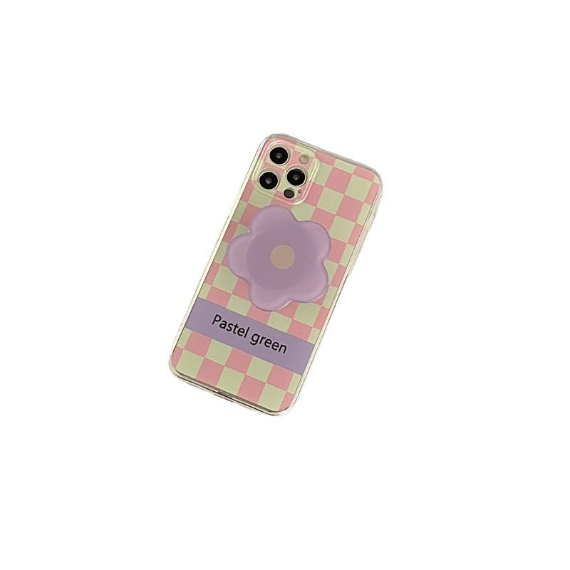 Green Checkerboard Phone Case Purple Flower Stand All Inclusive