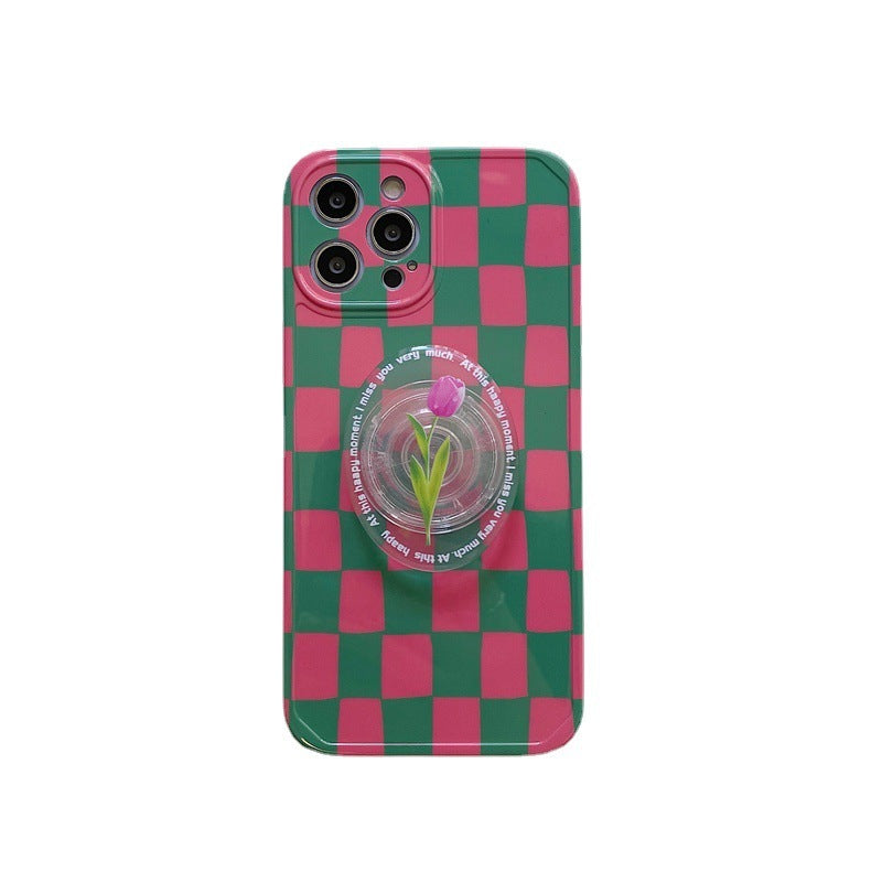 Green Checkered Tulip Stand Protective Cover Mobile Phone Case Drop