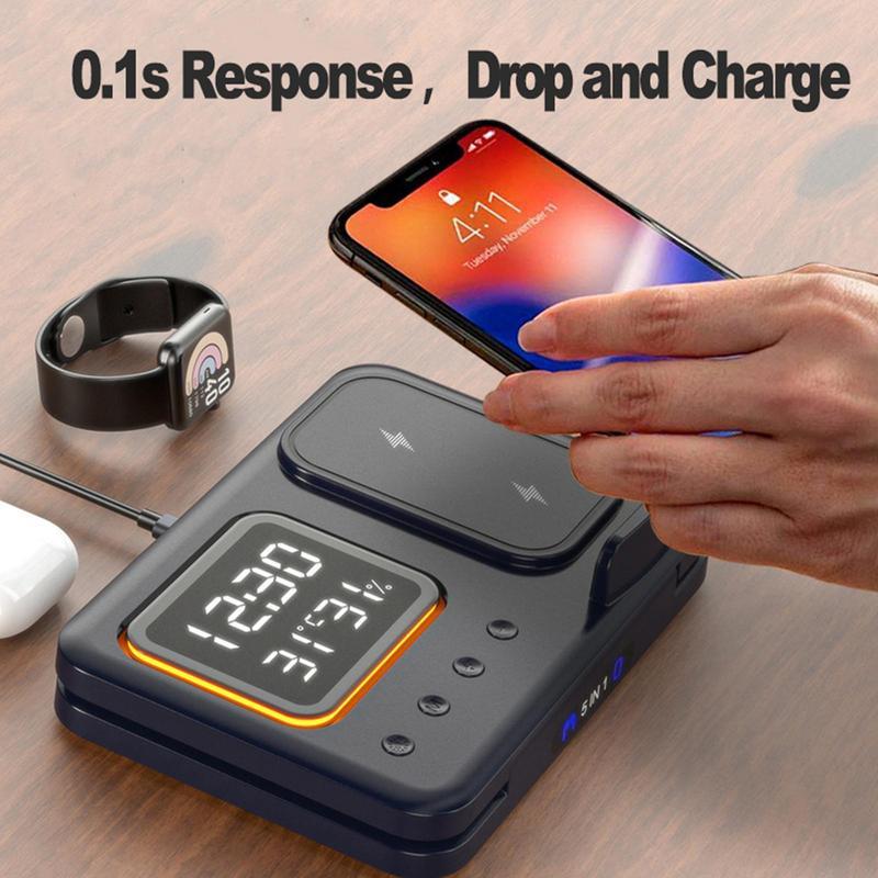 15W Wireless Chargers Stand 5 In1 LED Digital Fast Charging
