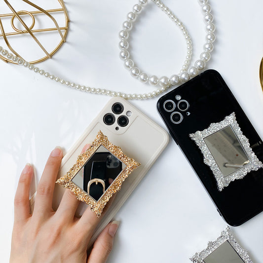 Retro Electroplating Pattern Makeup Mirror Phone Holder