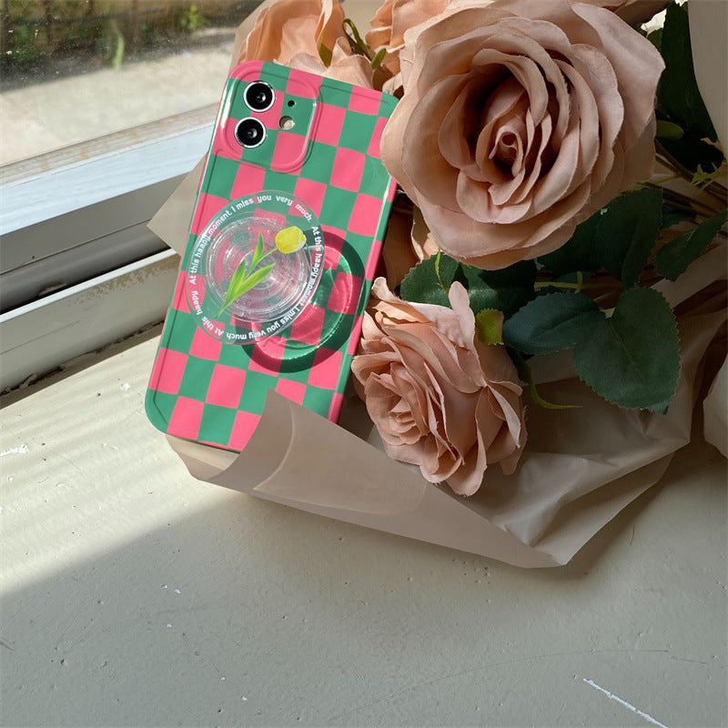 Green Checkered Tulip Stand Protective Cover Mobile Phone Case Drop