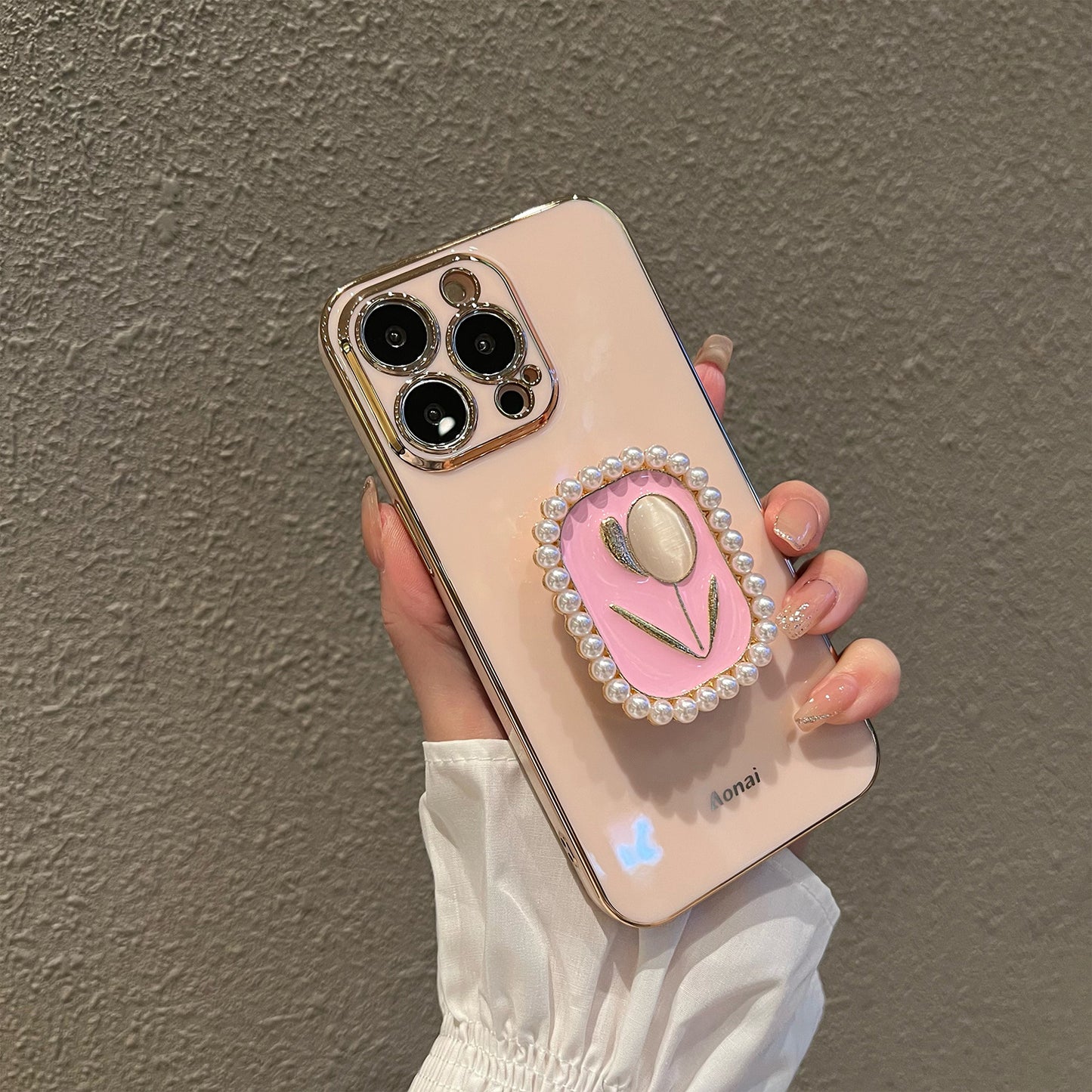 Electroplating Tulip Pearl Stand Phone Case