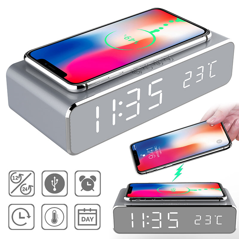 LED Electric Alarm Clock With Wireless Charger Desktop Digital Despertador