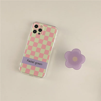 Green Checkerboard Phone Case Purple Flower Stand All Inclusive