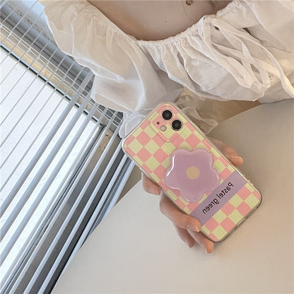 Green Checkerboard Phone Case Purple Flower Stand All Inclusive