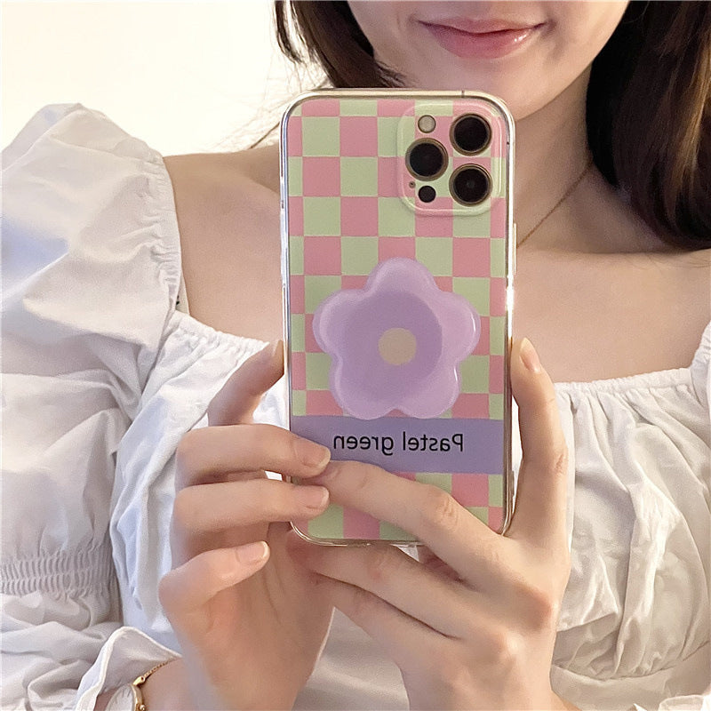 Green Checkerboard Phone Case Purple Flower Stand All Inclusive