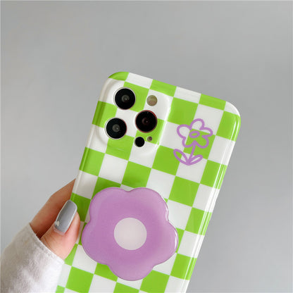 Summer Green Checkerboard Purple Flower Stand Phone Case