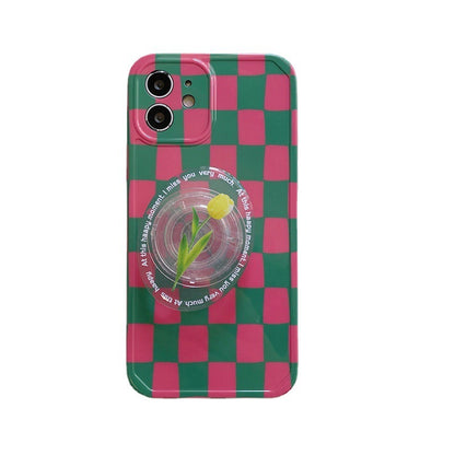 Green Checkered Tulip Stand Protective Cover Mobile Phone Case Drop