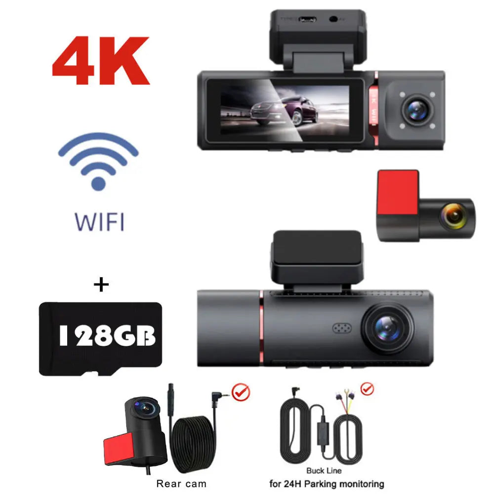 3 Channel Car DVR UHD 4K 3-Lens Inside Vehicle Dash Cam