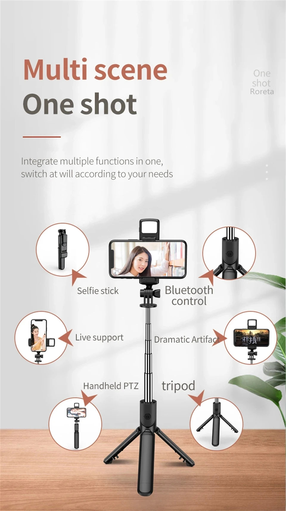 Bluetooth Selfie Stick Tripod Desktop Stand Phone Holder