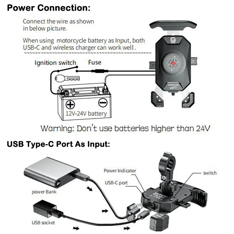 Motorcycle Phone Holder QC3.0 Wireless Charger Mobile Support