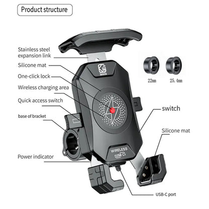 Motorcycle Phone Holder QC3.0 Wireless Charger Mobile Support