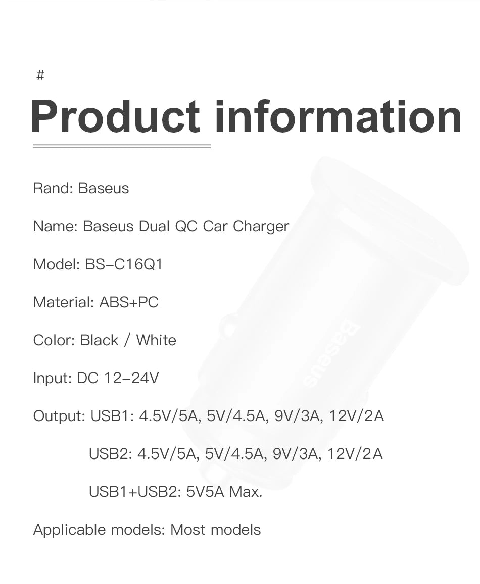 Baseus USB Car Charger Quick Charge Fast Car USB Charger