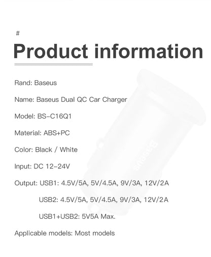 Baseus USB Car Charger Quick Charge Fast Car USB Charger
