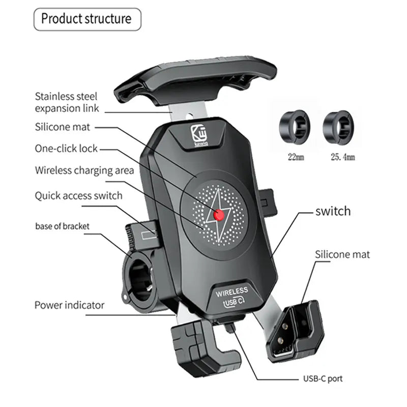 Motorcycle Phone Holder QC3.0 Wireless Charger Mobile Support