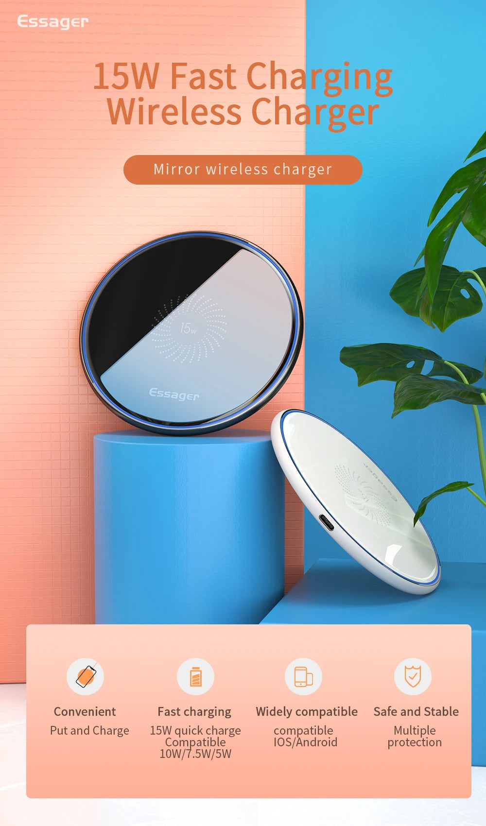 15W Fast Wireless Charger Visible Qi Wireless Charging Pad