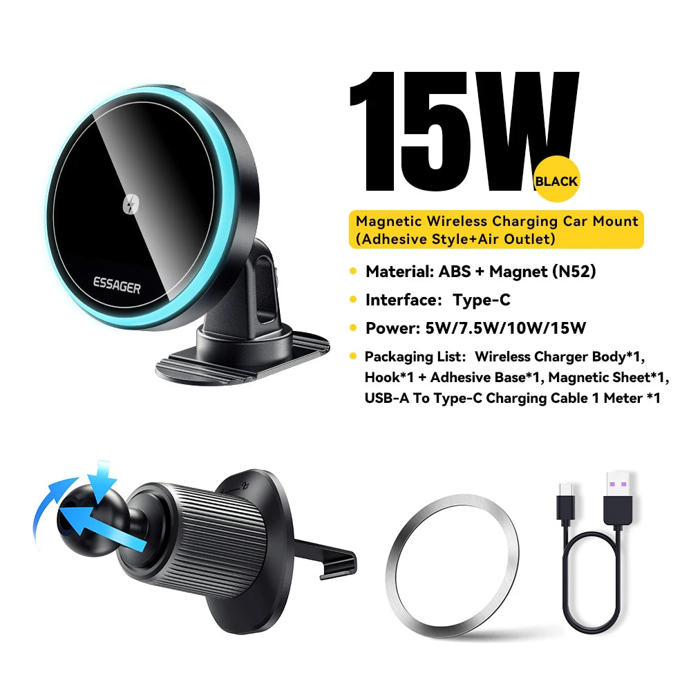 Essager Magnetic Car Phone Holder 15W Wireless Charger Stand
