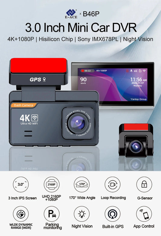 E-ACE Dash Cam 4K 3 Inch Mini Car Dvr Dual Lens