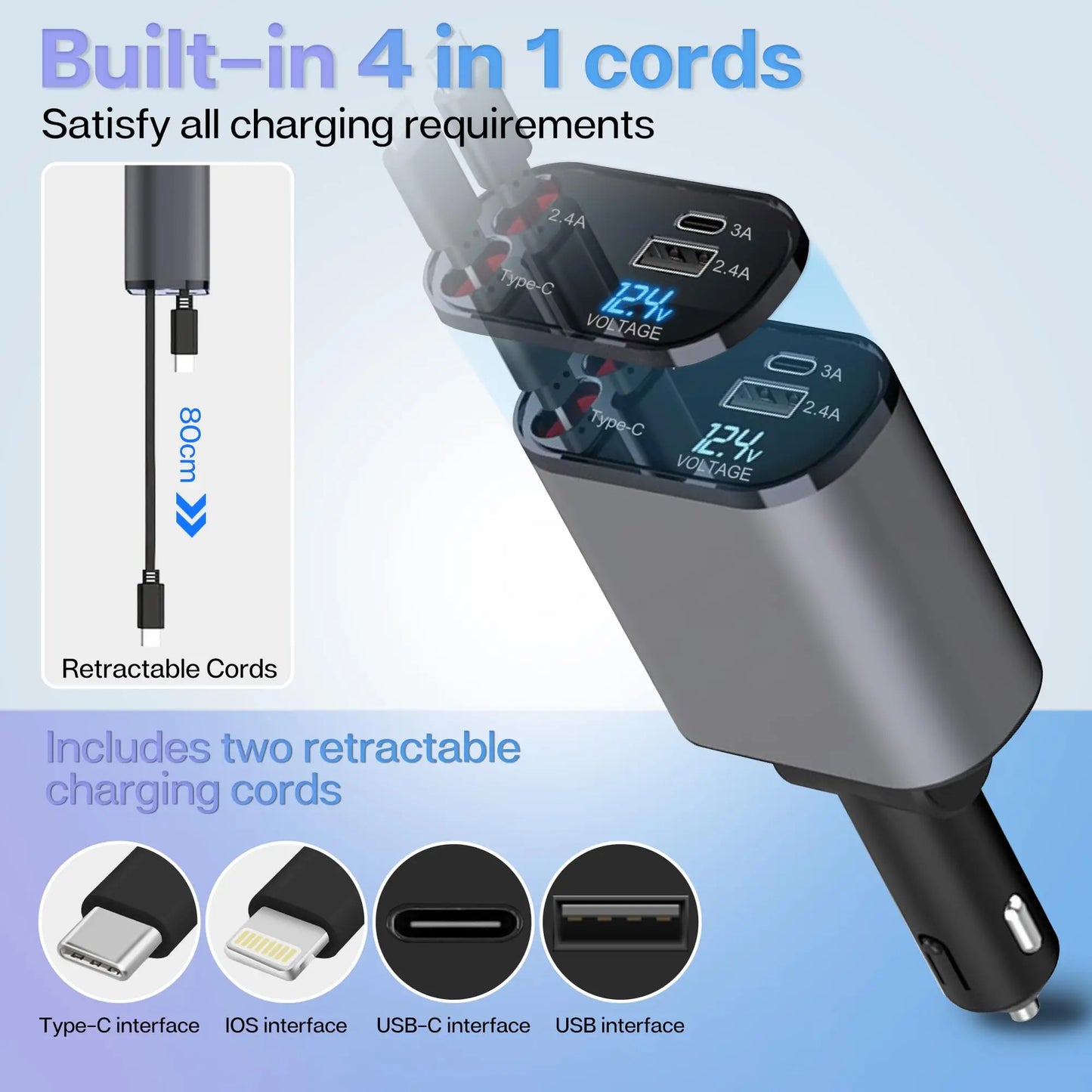 4 IN 1 Retractable Car Charger Mobile Phone USB PD Type C