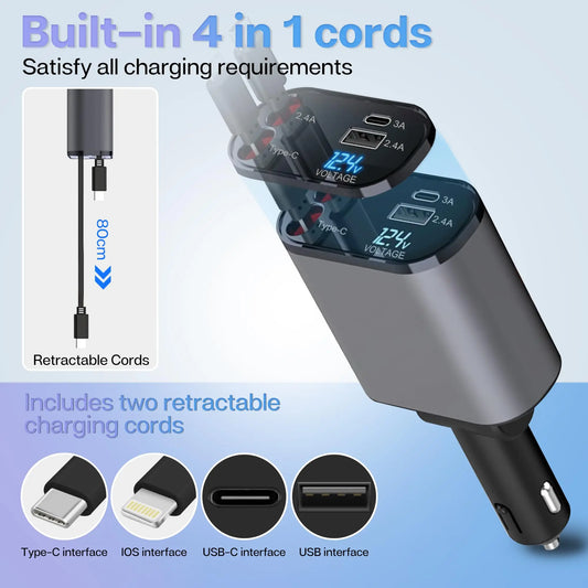 4 IN 1 Retractable Car Charger Mobile Phone USB PD Type C
