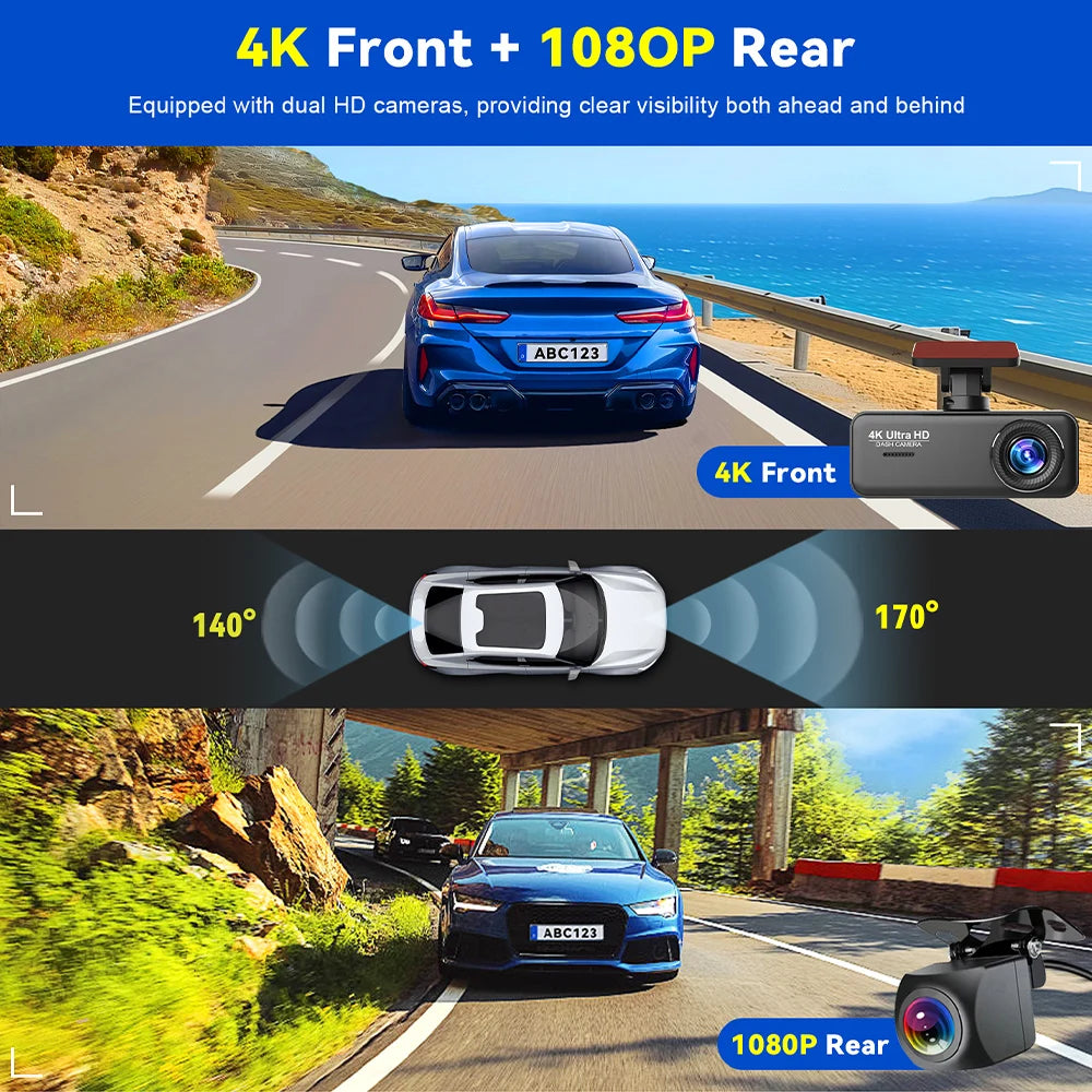 4K UHD WiFi Dash Cam for Car DVR Camera Front and Rear Dual Video
