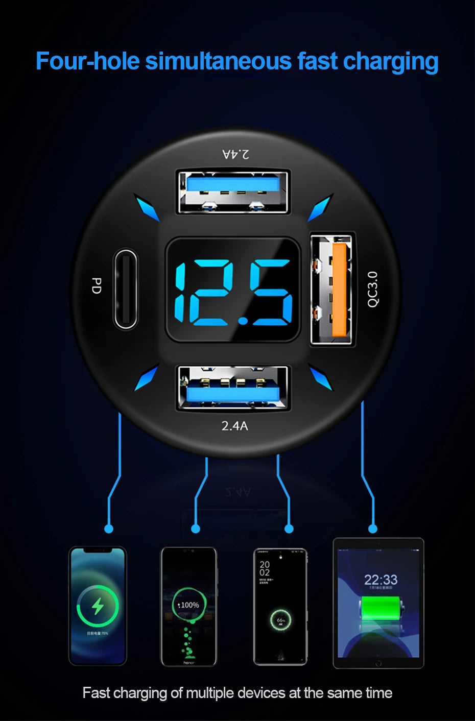 Quick Charge Car Phone Charger PD+QC3.0 4 Ports