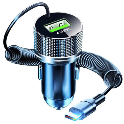 Metal USB Car Charger with Type C Cable 12V Super Fast Charging