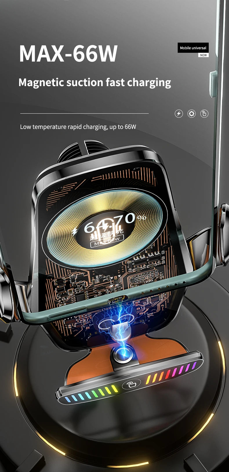 66W Magnetic Car Phone Holder 15W Wireless Fast Charger Car Stand