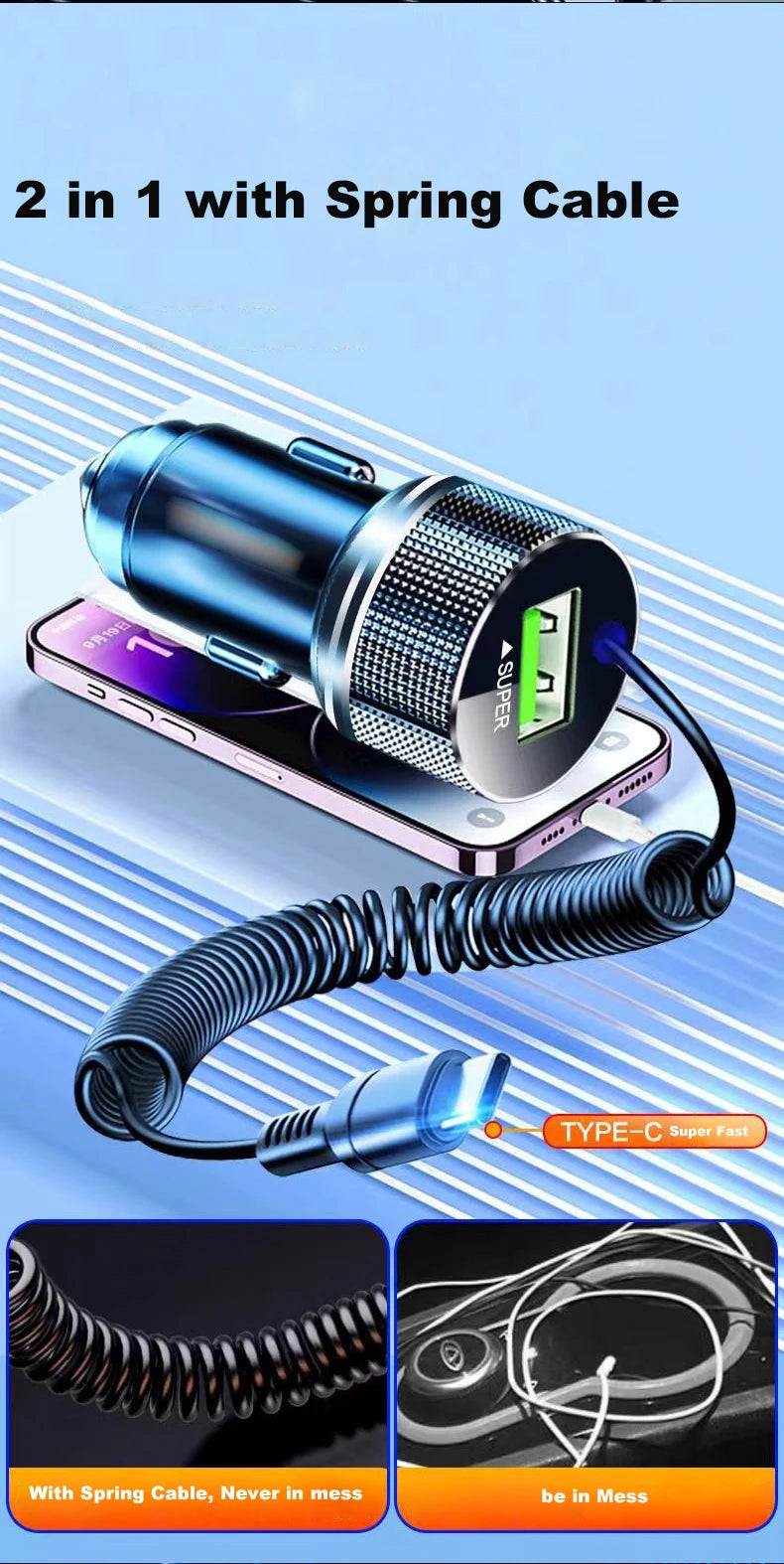 Metal USB Car Charger with Type C Cable 12V Super Fast Charging