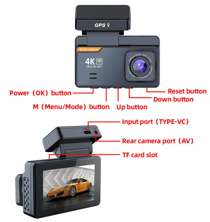 E-ACE Dash Cam 4K 3 Inch Mini Car Dvr Dual Lens