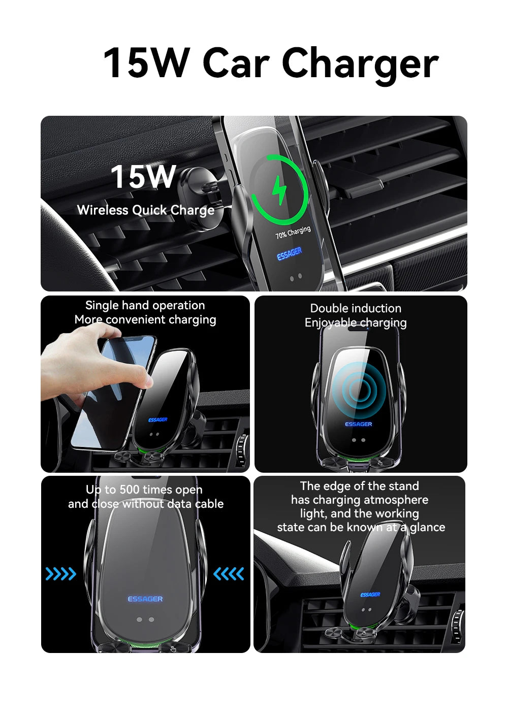 Essager Qi 15W Wireless Charger Car Phone Holder In Car Air Vent