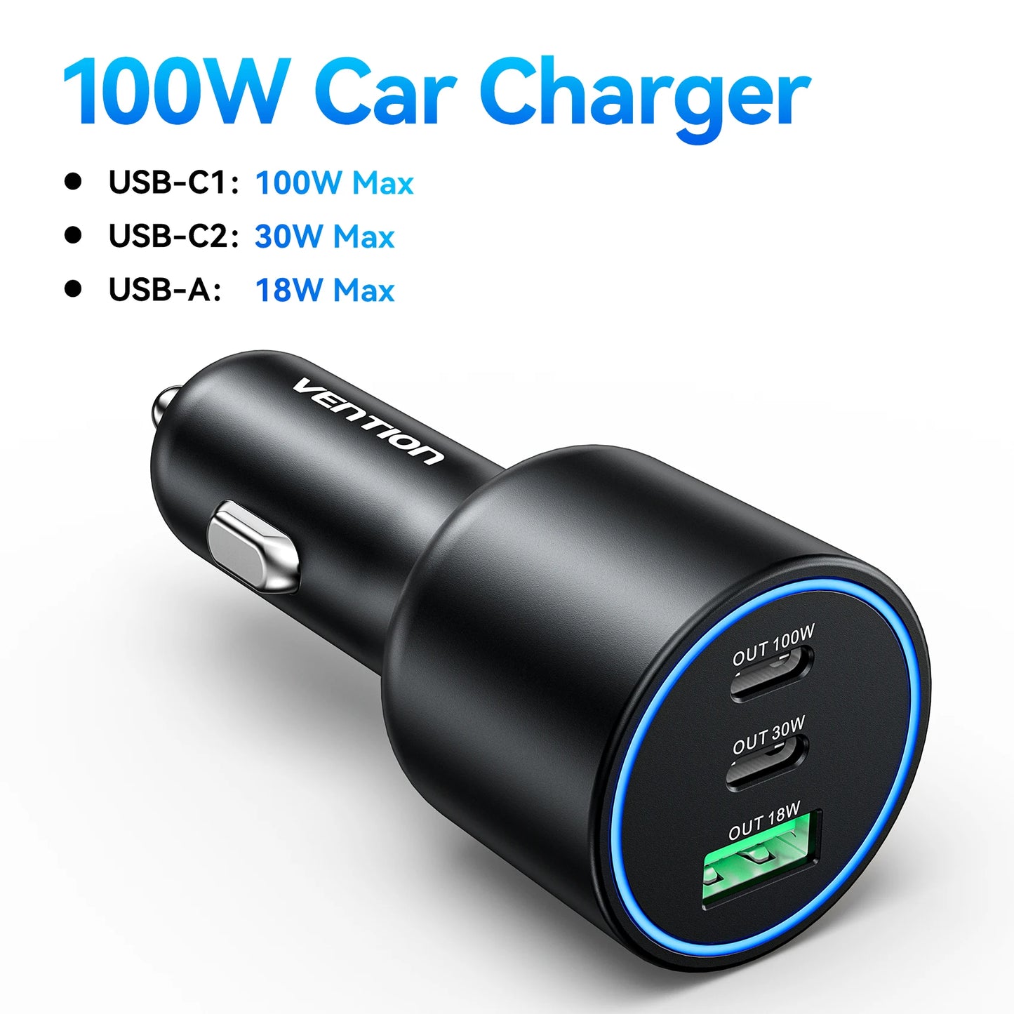 Vention 165W USB C Car Charger 3-Port Charging Adapter
