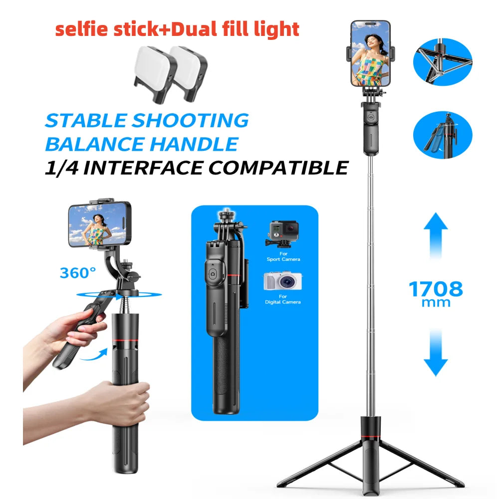 Selfie Stick Tripod with 1708mm Long Monopod Fill Light