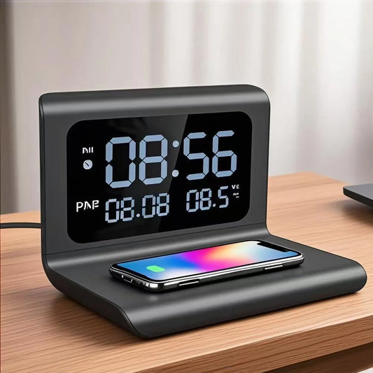 Fast Wireless Charger Pad Stand with Alarm Clock & Thermometer