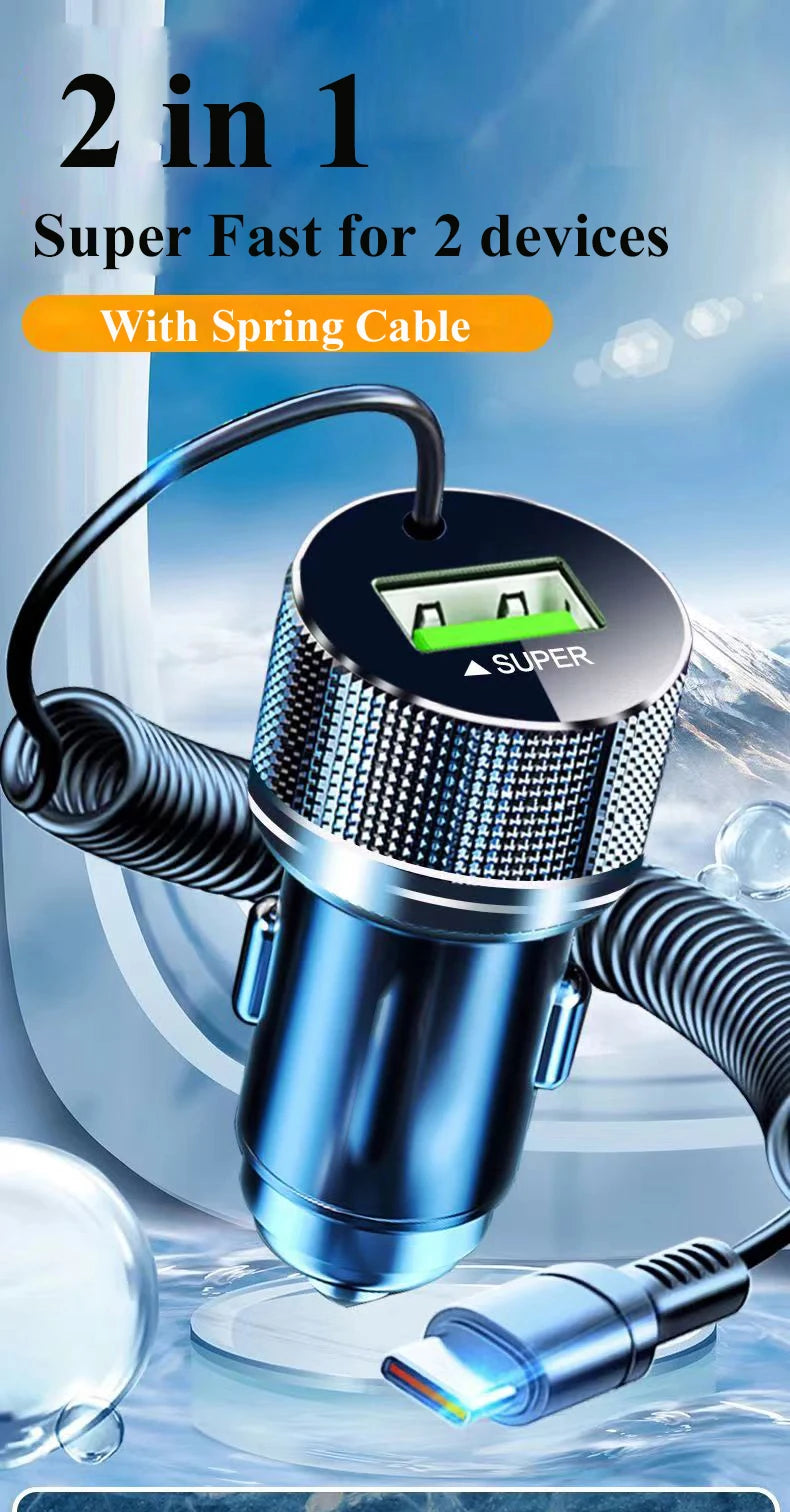 Metal USB Car Charger with Type C Cable 12V Super Fast Charging