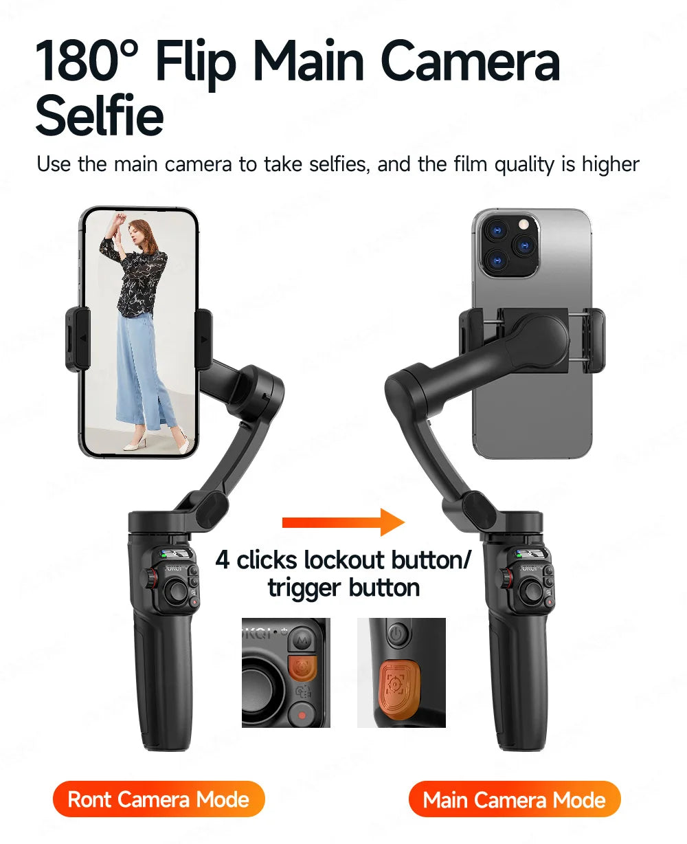 Foldable 3-Axis Phone Gimbal Stabilizer with Telescopic Rod