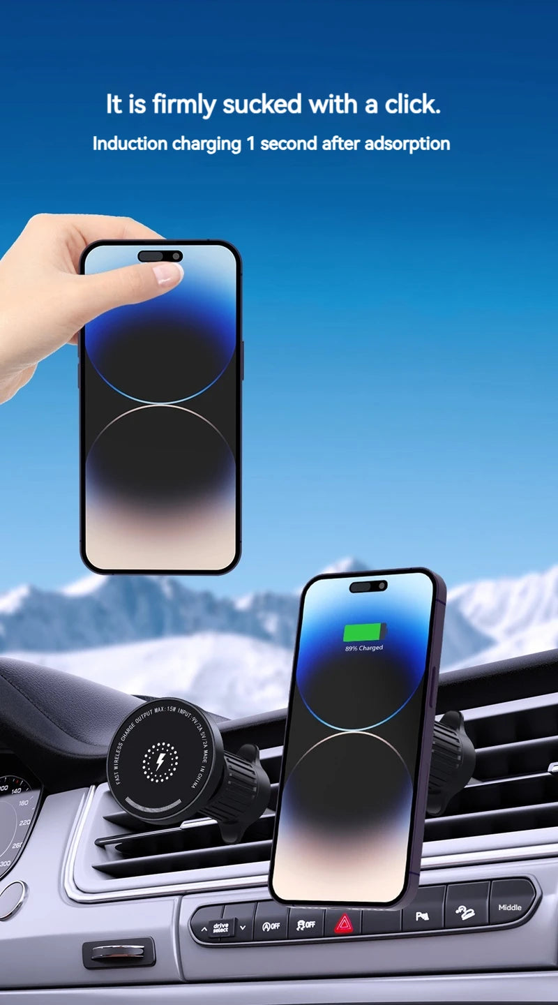 15W Car Magnetic Wireless Charger Holder with Metal Body - Fits Vent