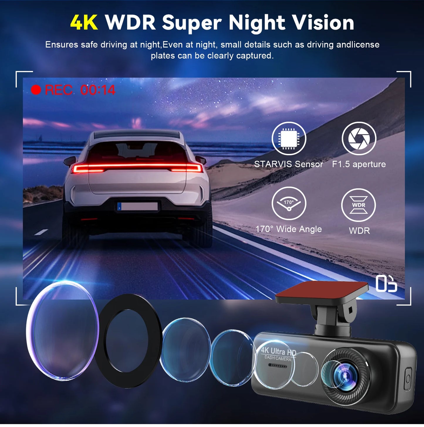 4K UHD WiFi Dash Cam for Car DVR Camera Front and Rear Dual Video