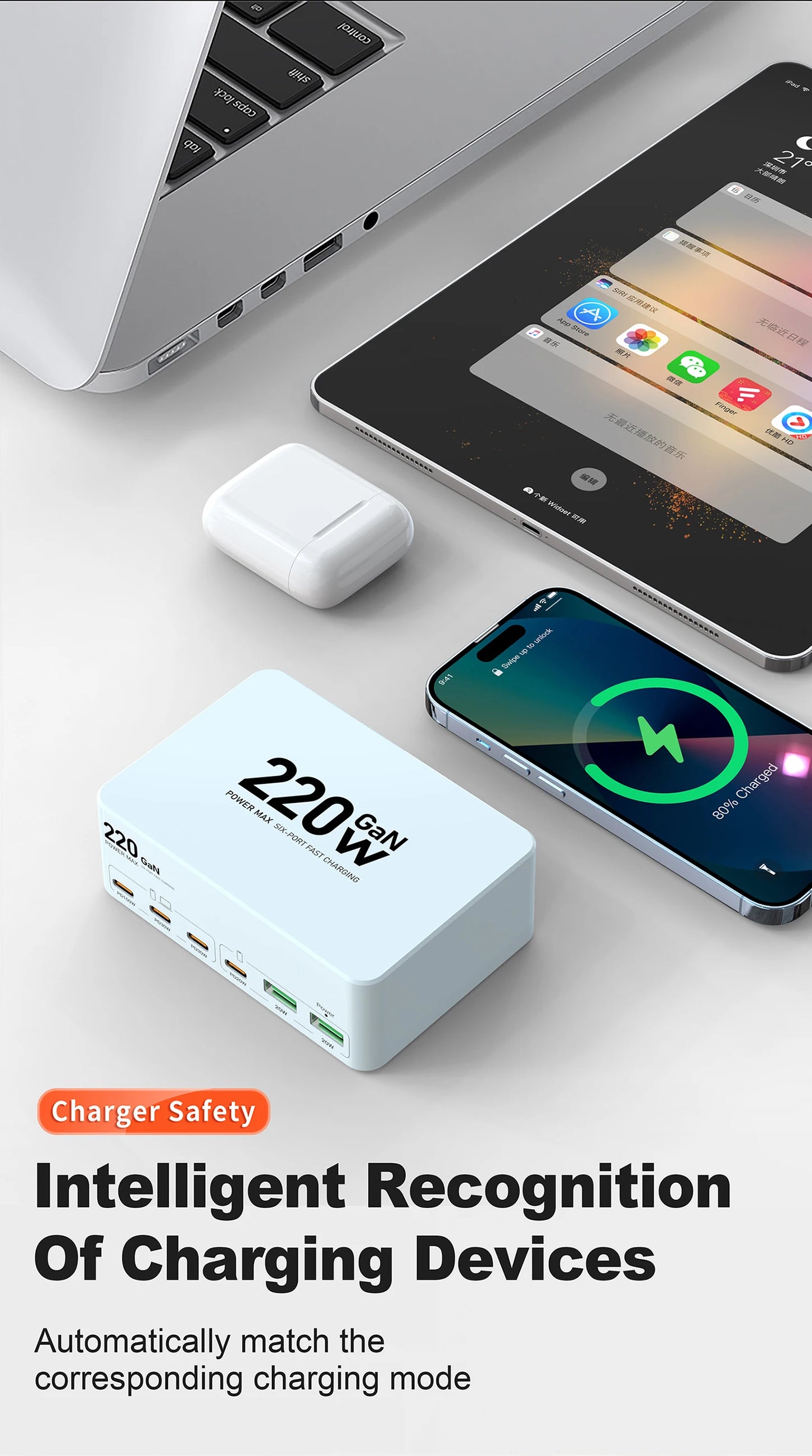 220W GaN USB Type C Fast Charger Portable Charging Station Charger