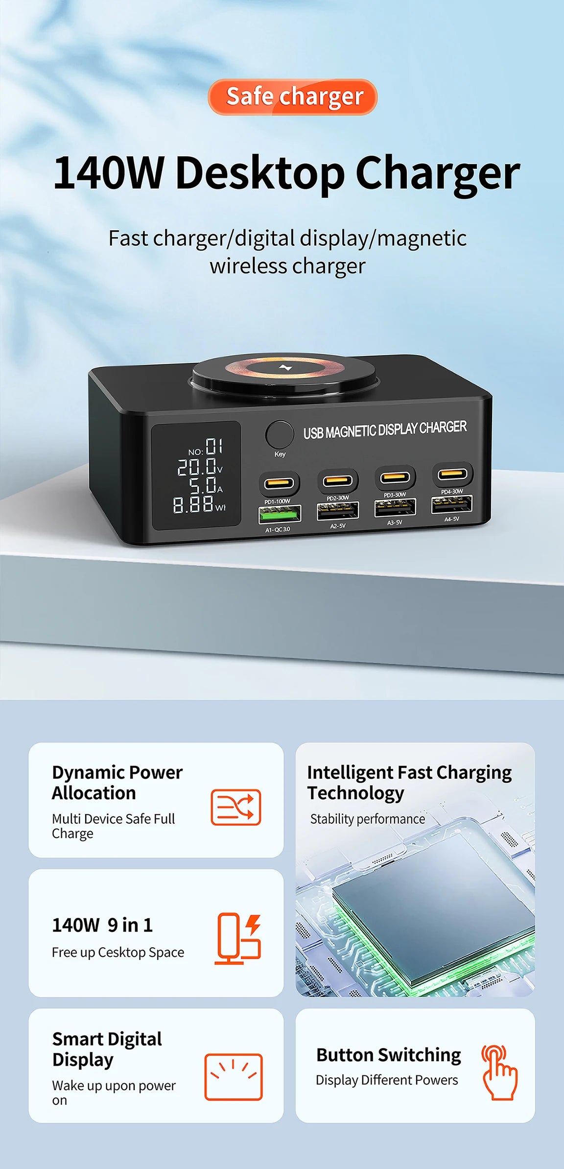 220W GaN USB Type C Fast Charger Portable Charging Station Charger