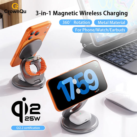 3-in-1 Metal Magnetic Wireless Charger 25W Fast Charging