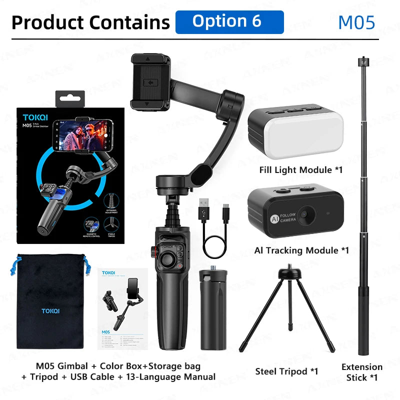 Foldable 3-Axis Phone Gimbal Stabilizer with Telescopic Rod