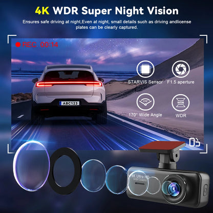 4K UHD WiFi Dash Cam for Car DVR Camera Front and Rear Dual Video