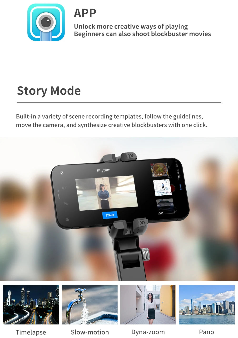 Bluetooth Smartphone Gimbal Stabilizer with Extendable Stick