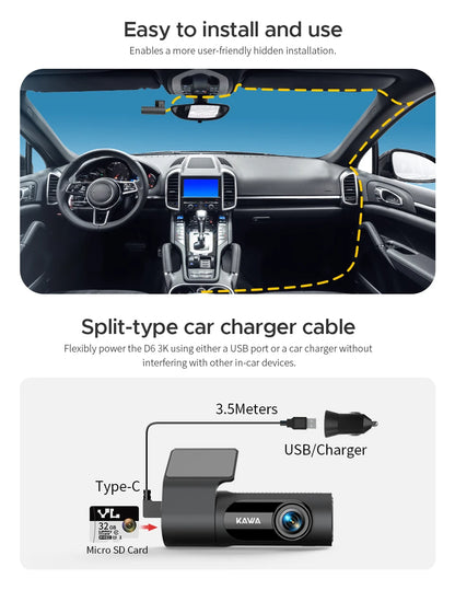 KAWA Dash cam Video Recorder D6 3K Car Camera Car DVR